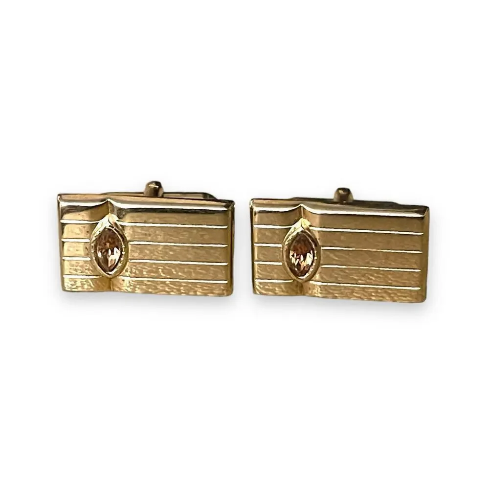 Vintage Cufflinks Mens Gold Tone Orange Marquise Glass Jewels Art Deco Formal